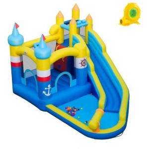 Pripučiama pilis + 750 W pūstuvo komplektas su vandens čiuožykla, vaikišku baseinėliu ir vandens patranka